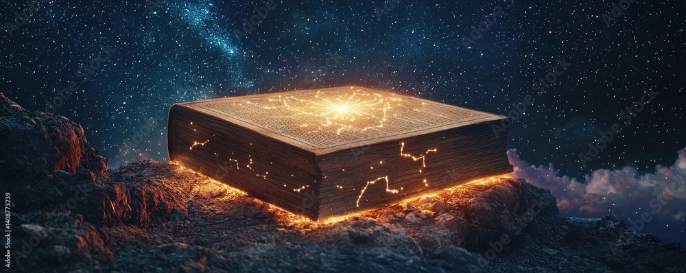 Poster open book under starry sky expanding cognition of space concept. a mystical book glowing brightly in