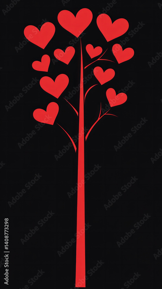 Poster A tree with red hearts on it. The tree is tall and has many hearts on it. The hearts are all different sizes and are scattered throughout the tree. The tree is surrounded by darkness