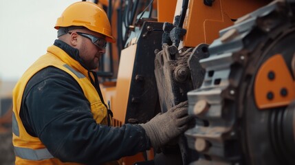 A construction worker inspecting construction equipment. Featuring maintenance and checks
