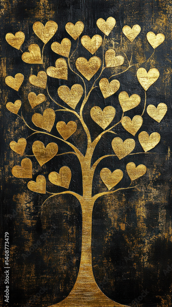 Poster a tree with gold hearts on it. the tree is surrounded by a black background. the gold hearts are arr