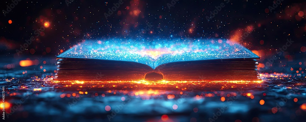 Poster Open book under starry sky symbolizing learning and cognition concept. An enchanting glowing book emitting magical particles.