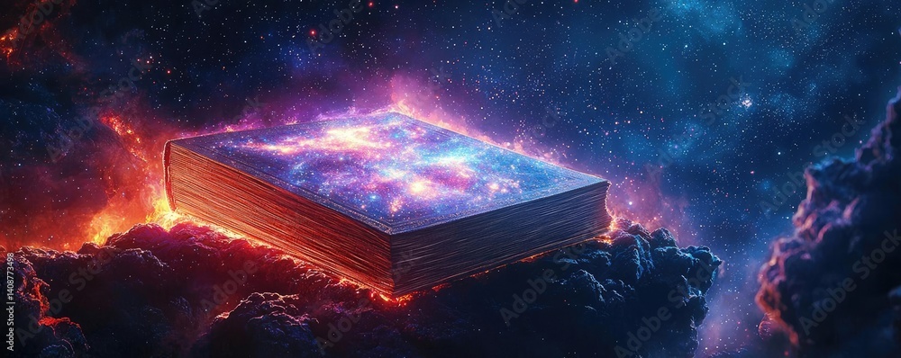 Aufkleber Open book under starry sky symbolizing learning and cognition concept. A cosmic book floating in a stellar nebula representing knowledge.