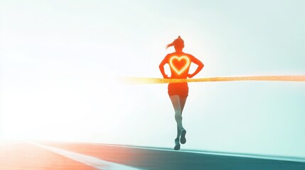 A runner crossing a finish line, a glowing heart overlay visible, symbolizing the new energy and second chance of life through organ donation. White background.