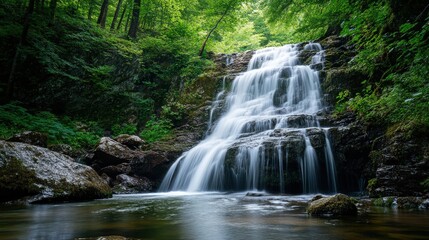 Fototapeta premium A cascading waterfall surrounded by lush green forest vegetation environment