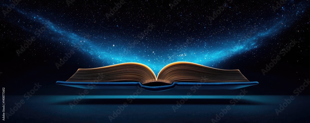 Poster open book under starry sky expanding cognition of space concept. an open book emitting light in a co