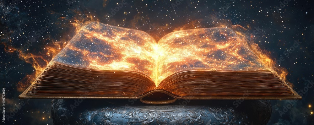 Aufkleber Open book under starry sky symbolizing learning and cognition concept. A mystical book with flames emanating from its open pages.