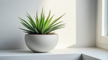 A potted plant sits on a windowsill, with the sunlight shining on it. The plant is a cactus, and it is in a white bowl. The bowl is placed on a white surface