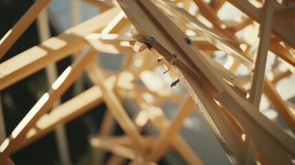 Fototapeta premium A construction worker installing a roof truss on a building. Featuring strength and coordination