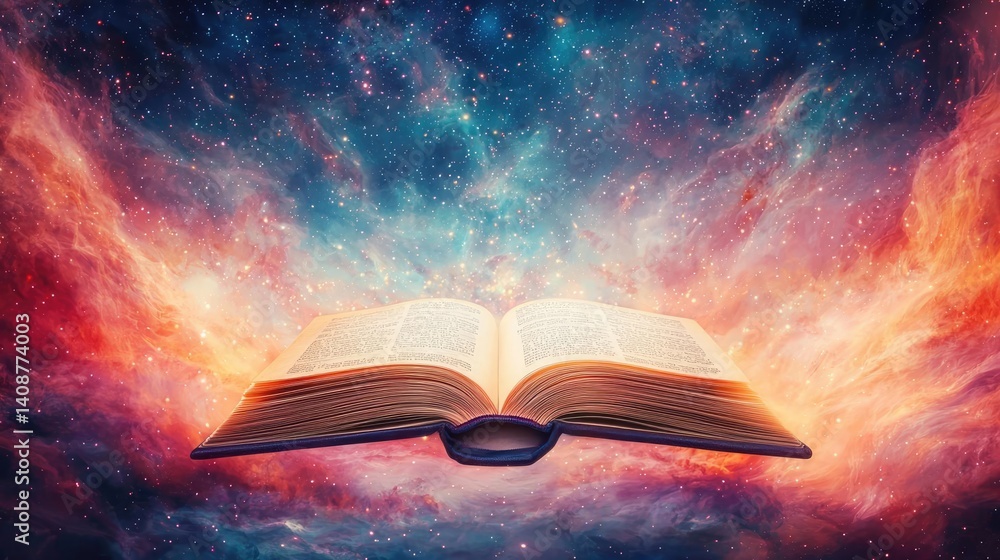 Poster open book under starry sky with galaxy and cognition concept. an open book floating in a cosmic spac