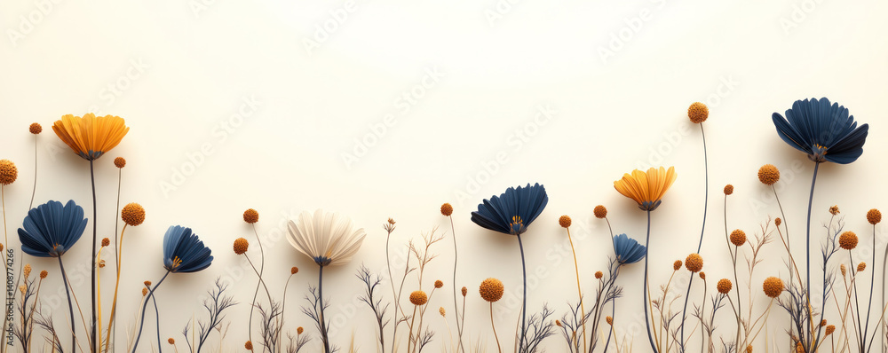 Poster a field of flowers with a blue and yellow flower in the middle. the flowers are arranged in a row an
