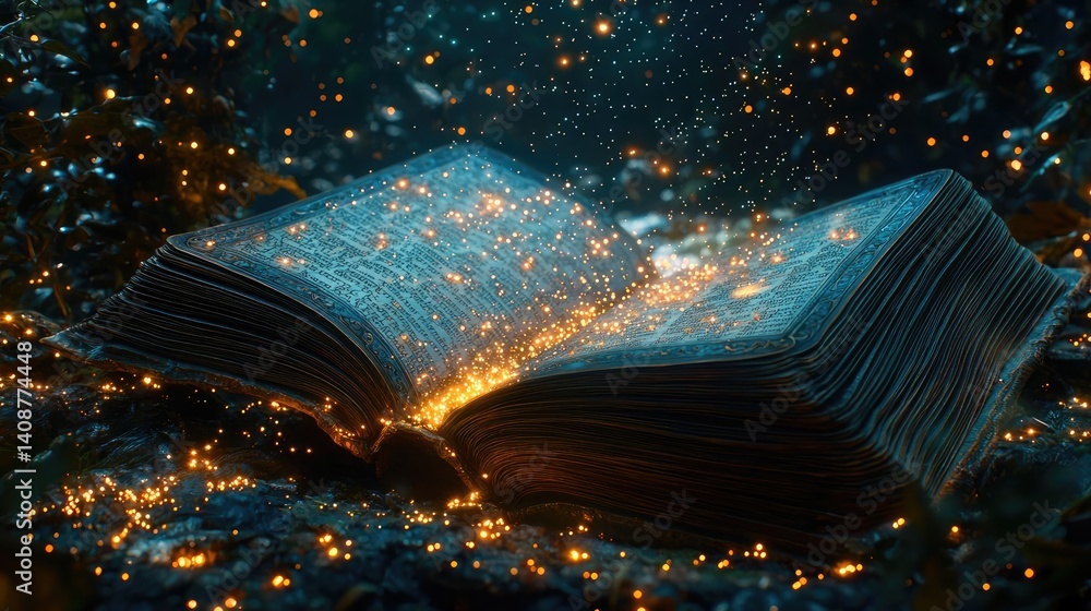 Poster open book under starry sky symbolizing learning and cognition concept. magical book with glowing pag
