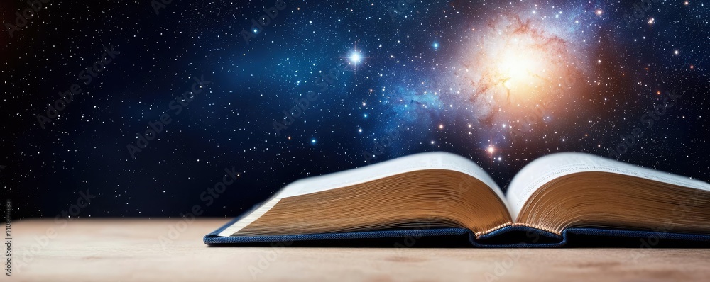 Aufkleber Open book under starry sky symbolizing learning and cognition concept. An open book against a cosmic backdrop symbolizing knowledge.