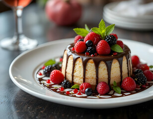 Dessert with Berries and Chocolate Drizzle on a White Plate