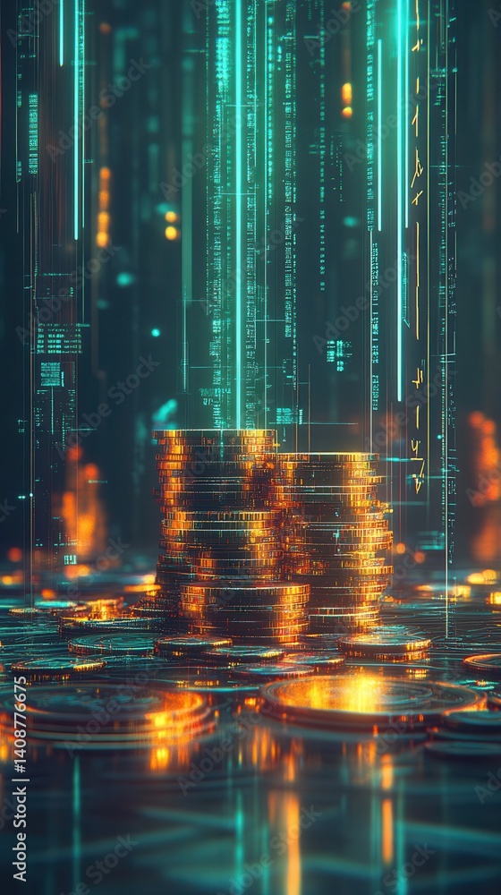 Poster golden coins emerging from digital data streams are being transferred