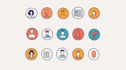 Diverse avatar icons; teamwork, communication; light background; website design
