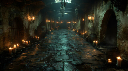 Dark, atmospheric image of a candlelit stone passageway in a medieval cellar, featuring old barrels and lanterns. Ideal for fantasy, horror, or mystery themes.