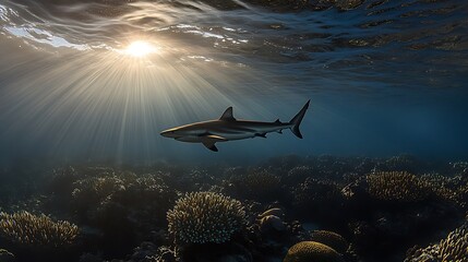 Obraz premium Sunlit Shark in Coral Reef