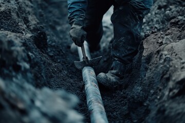 Obraz premium A construction worker laying pipes in a trench at a construction site. Featuring pipe laying and trench work