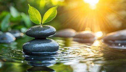 Two Smooth Stones Balance With Green Leaves Illuminated by Sun
