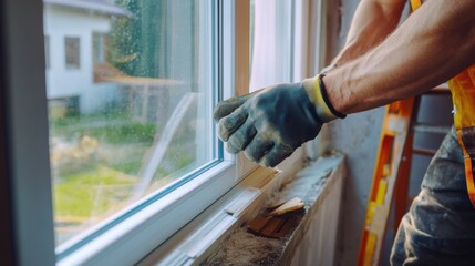 A construction worker installing a window frame. Featuring precision and craftsmanship