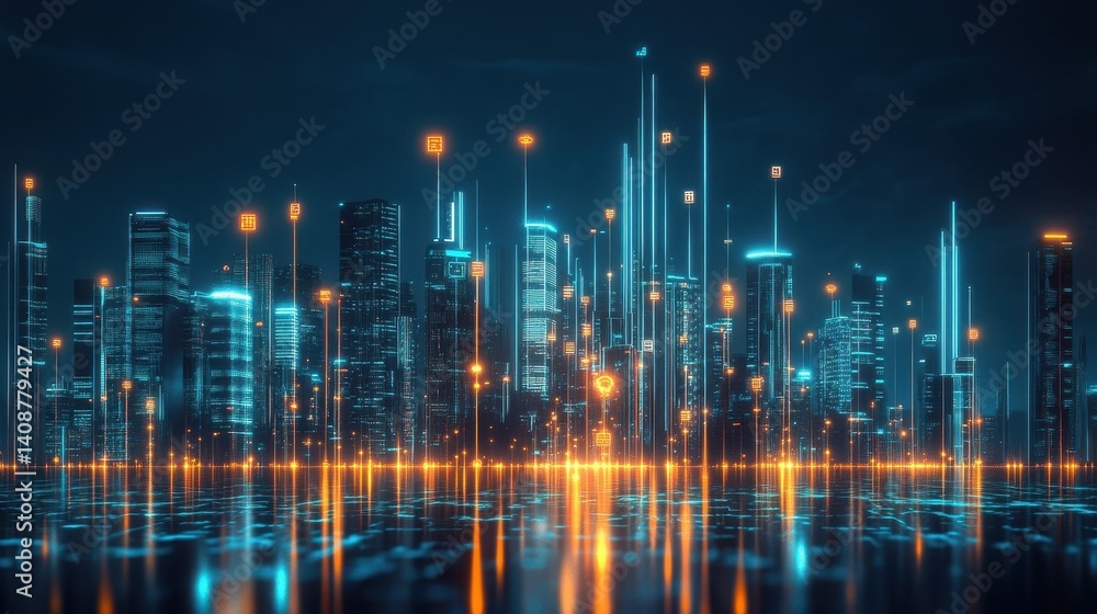 Poster futuristic city displaying interconnected networks and data streams visually