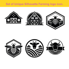 Farming And Agriculture Silhouette Icons Set Farm Barn Bee And Cow Symbols.