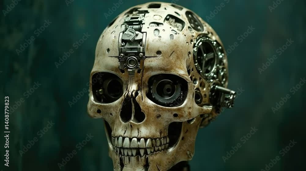 Poster intricate mechanical skull with gears and technology elements on a dark background