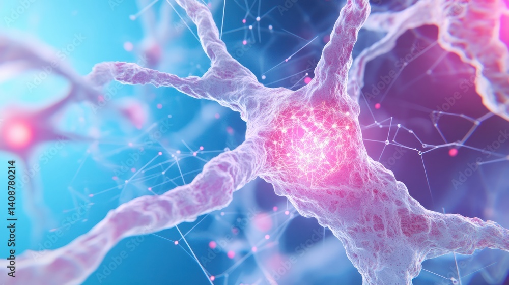 Poster neural network connection: microscopic view of a vibrant neural network, showcasing intricate connec