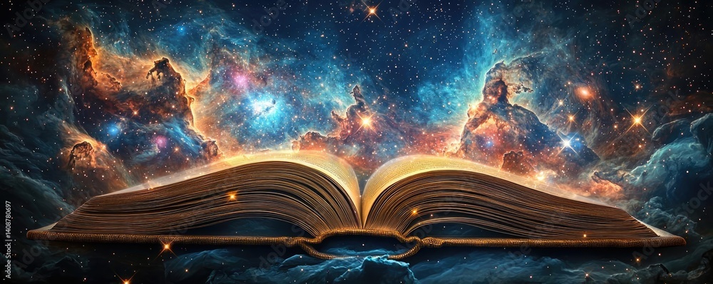Poster Open book under starry sky symbolizing learning and cognition concept. An open book reveals a cosmic scene filled with stars and nebulae.