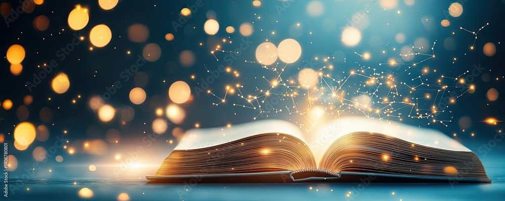 Poster open book under starry sky with galaxy and cognition concept. magical book emitting light and sparkl