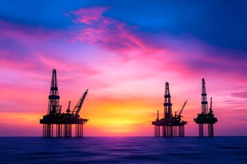 Obraz premium Silhouetted oil rigs against a vibrant sunset sky
