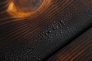 Water Drops on Surface of Cedar Wood Board Torched with Fire and Treated with Ting Oil for...