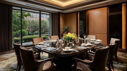 Obraz premium Elegant boardroom with garden view, formal dining setting awaiting guests