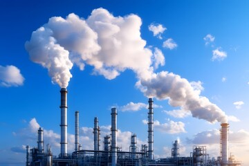 Fototapeta premium Vast petrochemical refinery complex with towering smokestacks and pipelines
