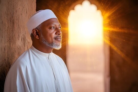 Elderly pilgrim gazes inside ornate Sufi shrine in Ethiopia