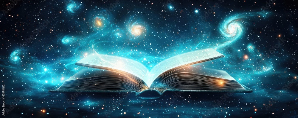 Poster open book under starry sky with galaxy and cognition concept. an enchanting open book amidst a cosmi