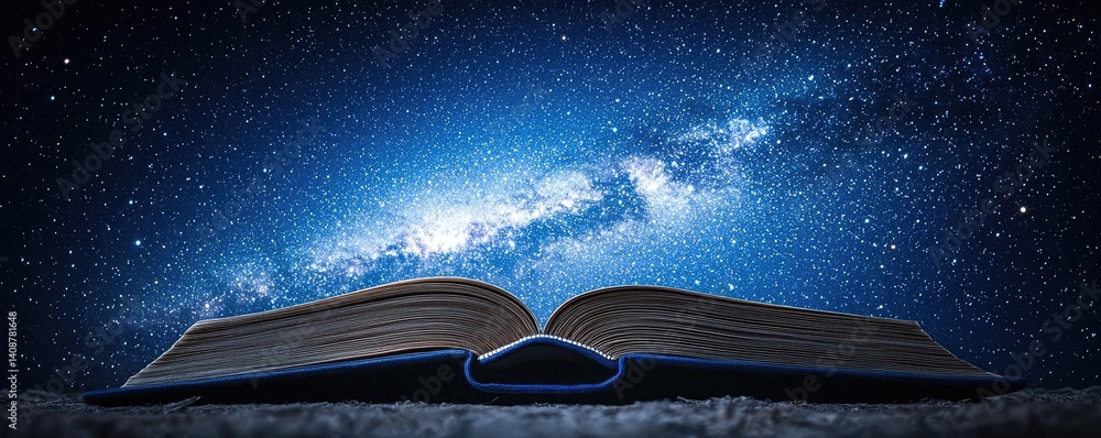 Poster open book under starry sky with galaxy and cognition concept. an open book against a starry night sk