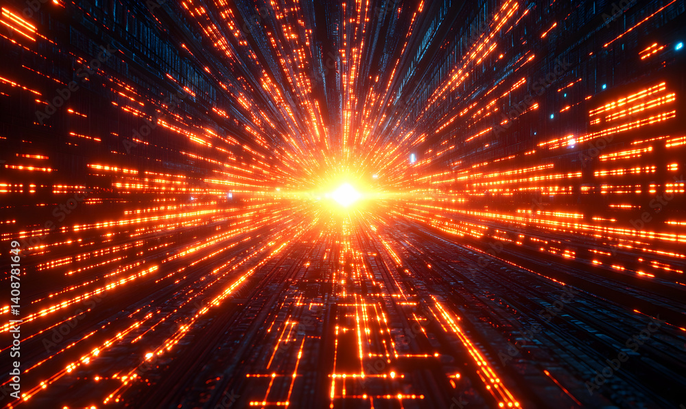 Poster abstract digital tunnel with glowing orange lines converging towards a bright light source. perfect 