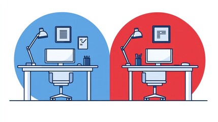 Two contrasting home office setups, productivity workspace comparison