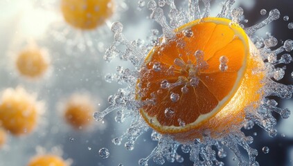 An orange slice surrounded by droplets of water splashes dramatically