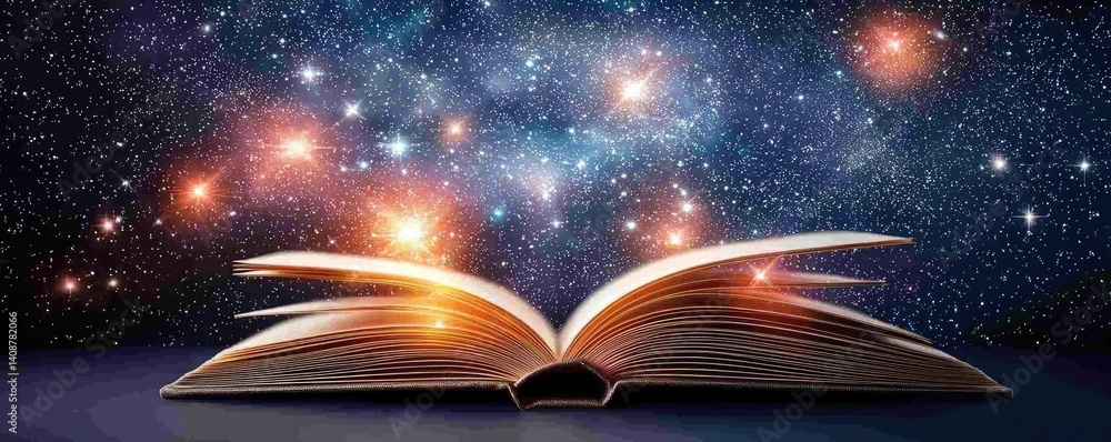 Poster open book under starry sky with galaxy and cognition concept. an open book reveals a cosmic universe