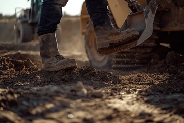 A construction worker leveling the ground for foundation work. Featuring site leveling and preparation