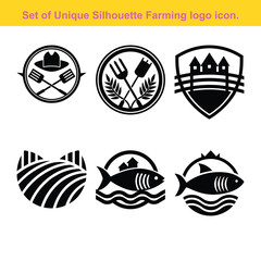 Set Of Farming And Agriculture Silhouette Logo Icons Featuring Animals Crops And Tools.