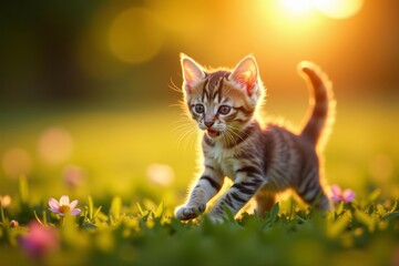 Adorable kitten playing in a blooming field at sunset, field, adorable, pet