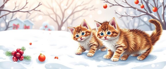 Fototapeta premium Adorable kittens frolicking in snowy Christmas scene, seamless winter doodle pattern, background, holiday