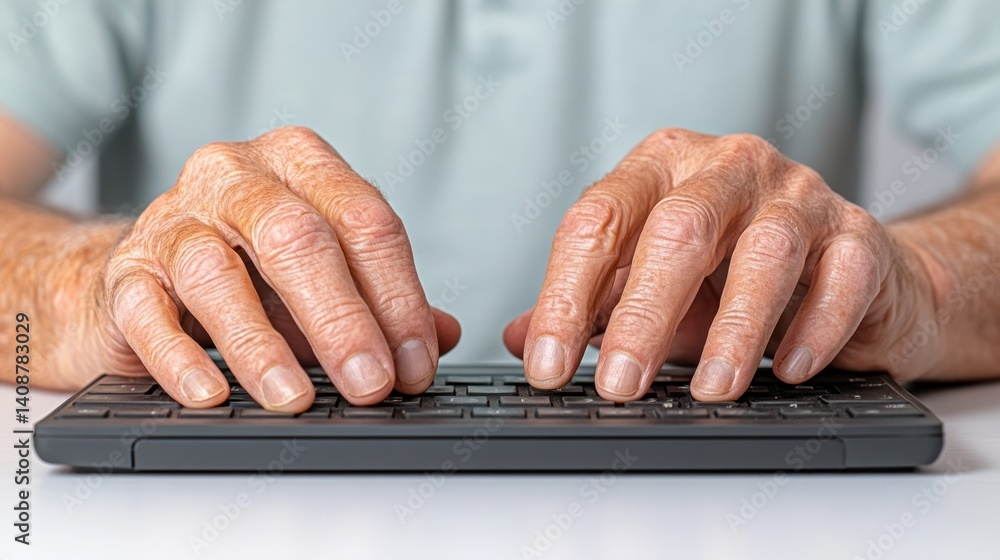 Poster focused typing: close-up of an elderly's hands typing on a modern keyboard, illustrating the connect
