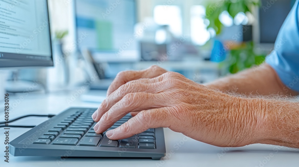 Poster coding workflow: a focused individual meticulously types on a keyboard. the scene is a modern worksp