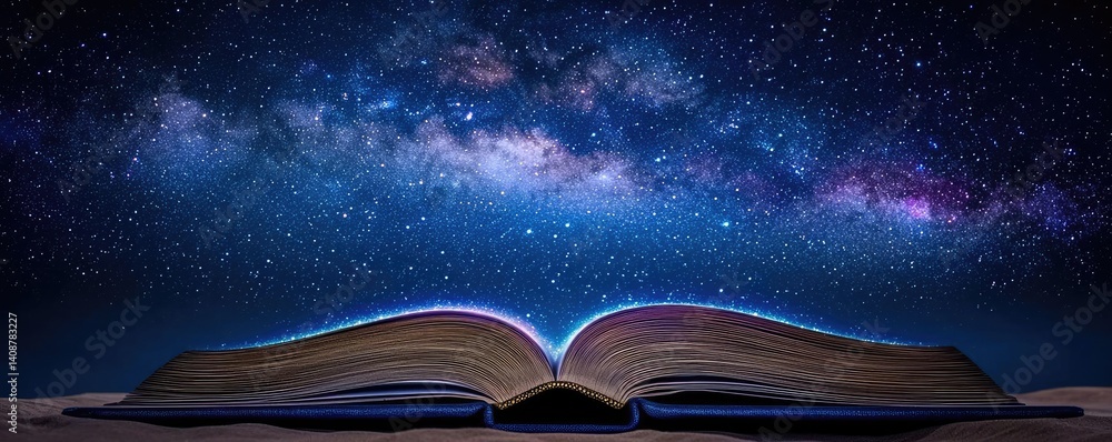 Aufkleber Open book under starry sky expanding cognition of space concept. An open book under a starry sky, symbolizing knowledge and wonder.