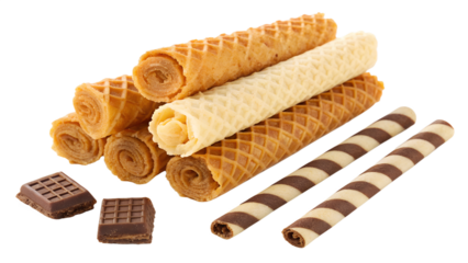Waffle rolls, striped chocolate and vanilla wafer sticks isolated on transparent background