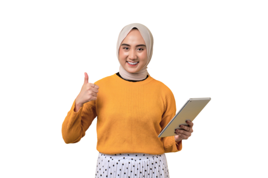 Beautiful happy smiling Asian girl wearing hijab holding digital tablet and showing thumbs up isolated on transparent background - Powered by Adobe